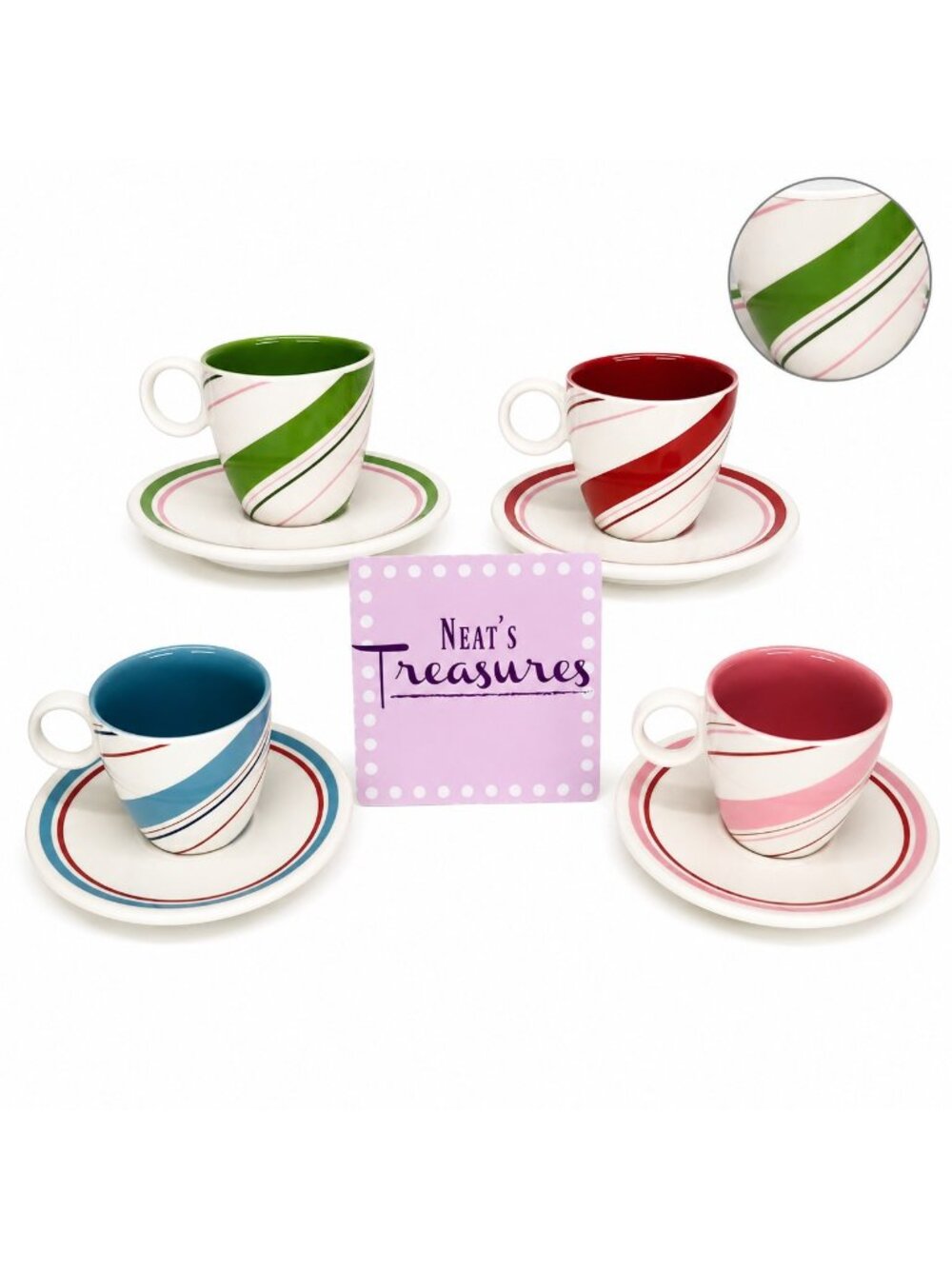 Starbucks Holiday 2007 PEPPERMINT STRIPE Ceramic 3oz Espresso Cup & Saucer Set 4